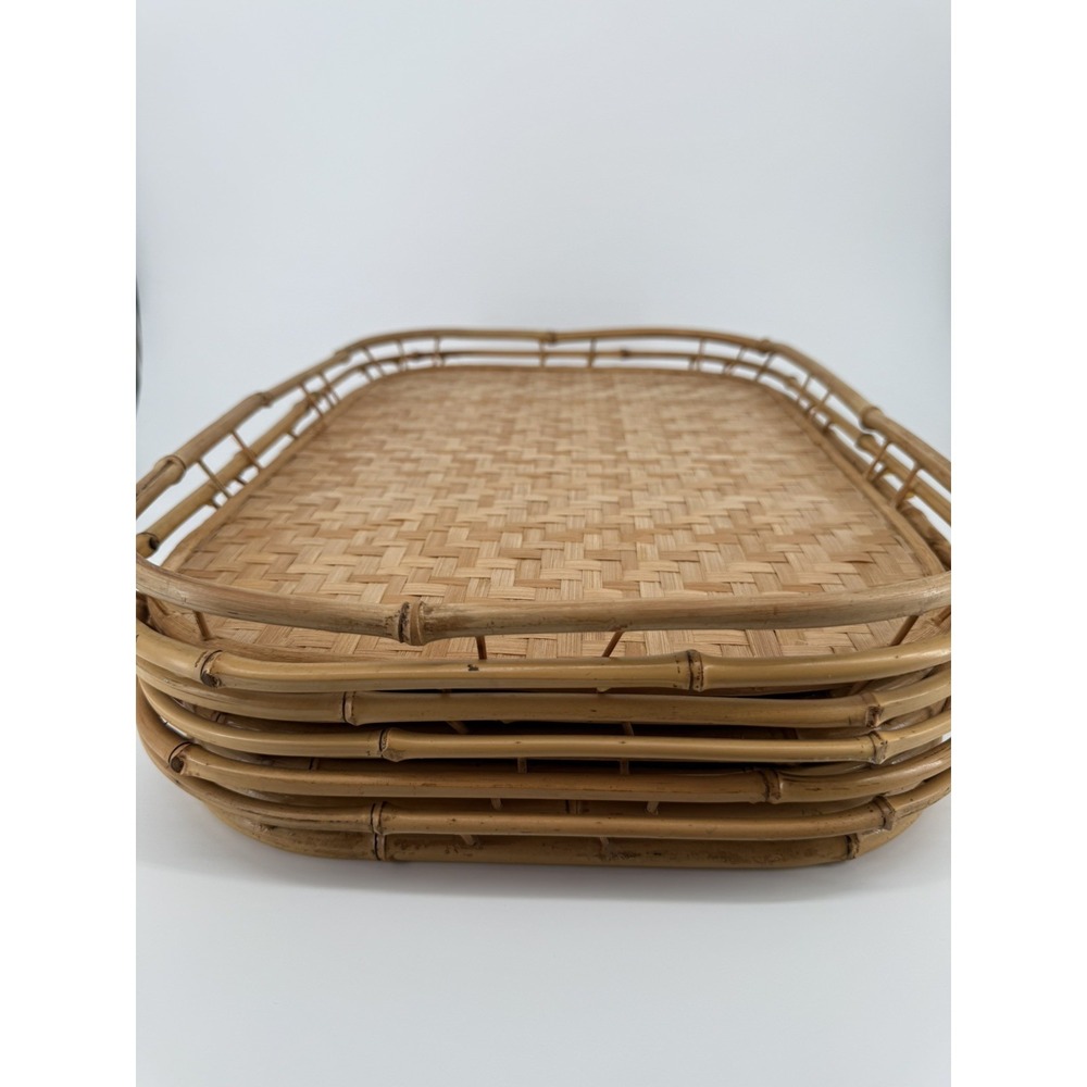 Set of 6 Vintage Bamboo Wicker Rattan Serving Trays Mid Century Japanese Wares - Picture 2 of 16
